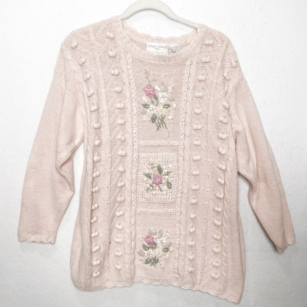 Vintage 90s Casual Corner Hand Knit Heavy Sweater Ribbon Pearls Pink Coquette - Picture 2 of 11